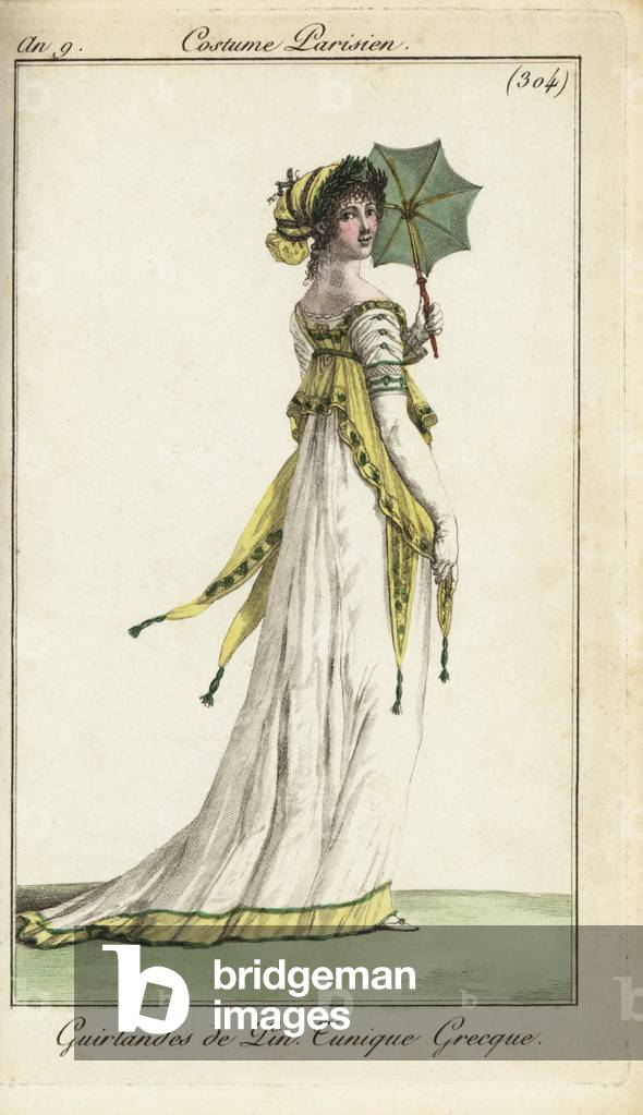 Fashionable woman with parasol, 1801 (handcoloured copperplate engraving)