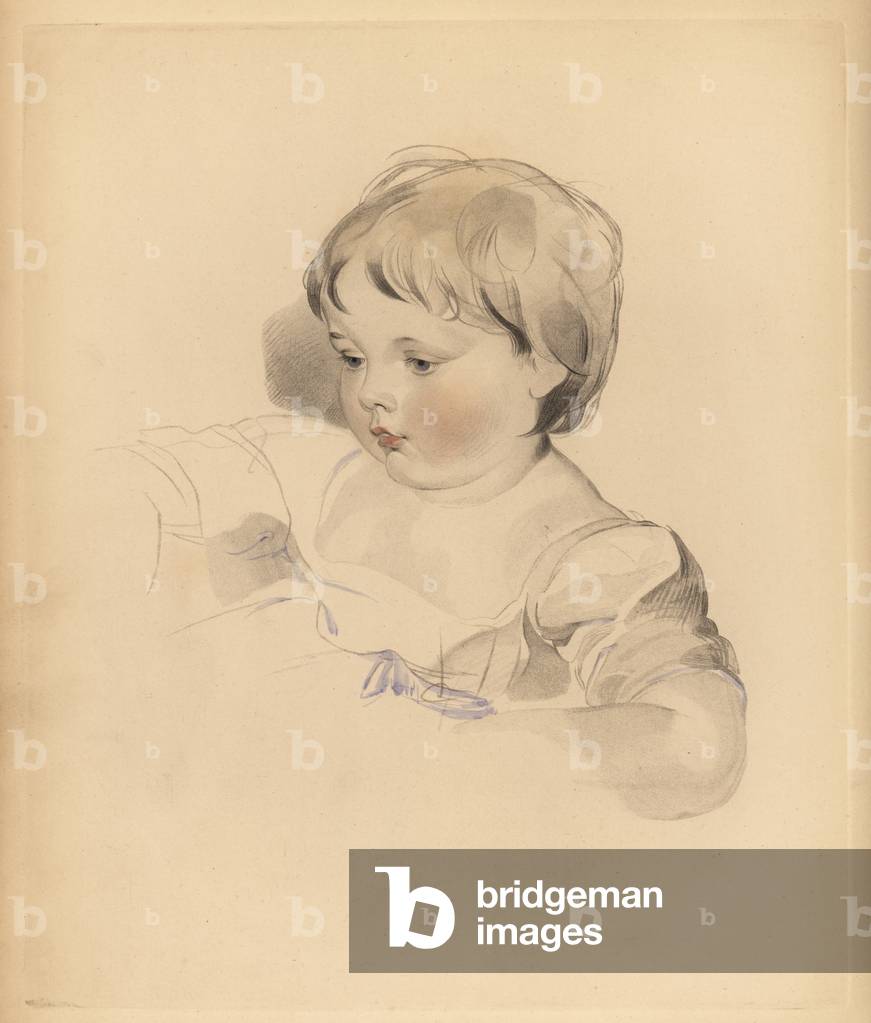 Portrait of Rowland Bloxam, nephew to Sir Thomas Lawrence. Chubby boy in dress tied with blue ribbon. Hand-tinted engraving by Frederick Christian Lewis after an illustration by Sir Thomas Lawrence from P.G. Patmore’s Cabinet of Gems, Ackermann, London, 1837.