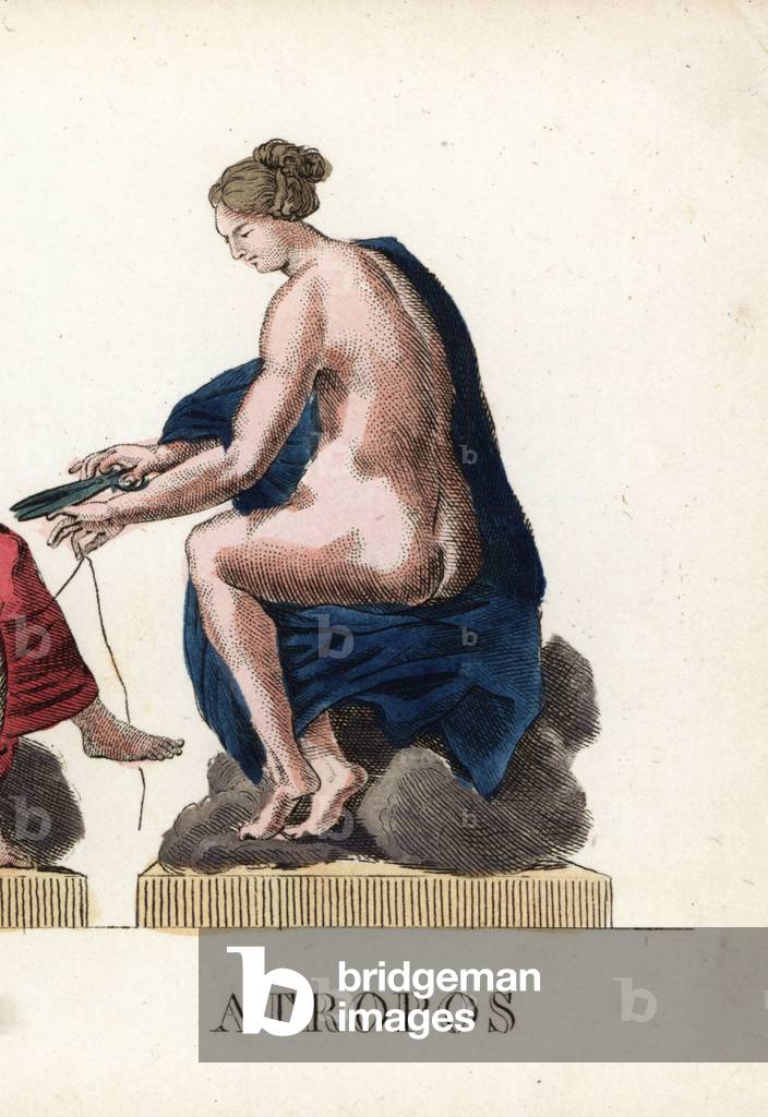 Greek mythology: Atropos, one of the three Cabinets, the relentless, who cuts with his scissors the thread of human life - Eau forte by Jacques Louis Constant Lacerf, based on an illustration by Leonard Defrance (1735-1805), extracted from mythology in fabulous prints or divine figures, circa 1820 - Atropos, one of the Greek Fates or Moirai, shown holding scissors to the thread of life - Handcoloured copperplate engraving engraved by Jacques Louis Constant Lacerf after illustrations by Leonard Defrance from “” Mythology in Prints or Figures of Fabled Gods””, Chez P. Blanchard, Paris, c 1820