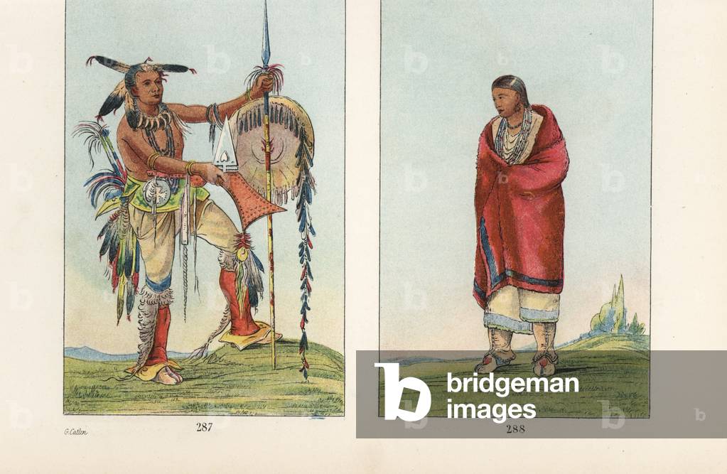 Meskwaki warrior Ah-Mou-a, Whale, 287 with shield, staff, war club, scalp-locks, bear teeth necklace and moccasins, and his wife WA-Quo-the-Qua, Buck's Wife or Female Deer, in mackinaw blanket. Handcoloured lithograph from George Catlin's Manners, Customs and Condition of the North American Indians, London, 1841.