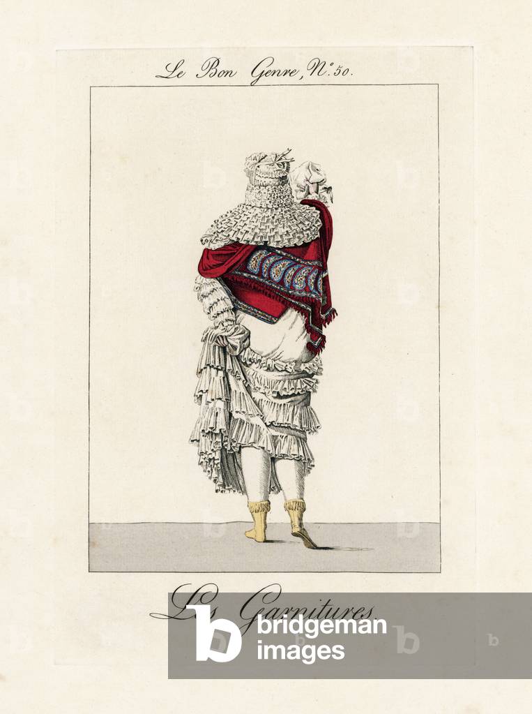 Woman wearing headdress and dress featuring extravagent pleating and flouncing. Pleated collars, flounces (falbalas) and ruffs (chicories), have never been more in fashion than today. The art of pressing has been raised to the point of perfection. The elegantes no longer send their linen to Neuilly: the coarse hands of the peasants tear the fabric they launder. The delicate hand of a Parisienne is required for fine linen. It costs 6 sous to launder a dress, and 50 to press it.”” Handcoloured engraving from Pierre de la Mesanger's Le Bon Genre, Paris, 1817.