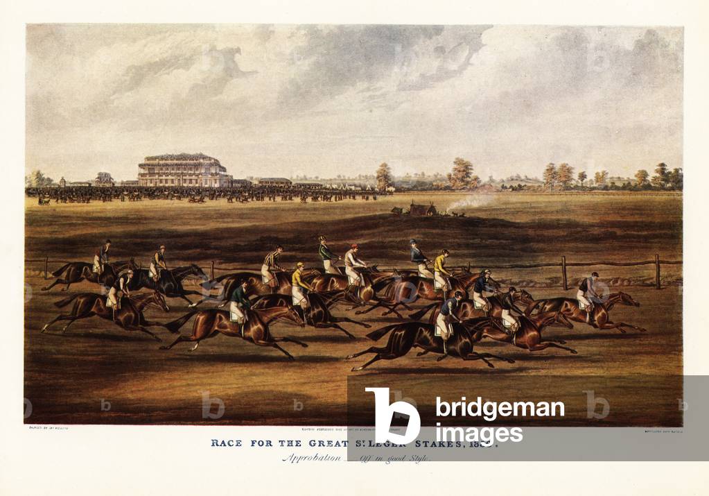 Horses and jockeys racing in the Great St. Leger Stakes at Doncaster Racecourse, 1836. Approbation off in good style. Won by the thoroughbred Elis. Color print after an engraving by Harris from an  illustration by James Pollard in Ralph Nevill’s Old Sporting Prints, The Connoisseur Magazine, London, 1908.