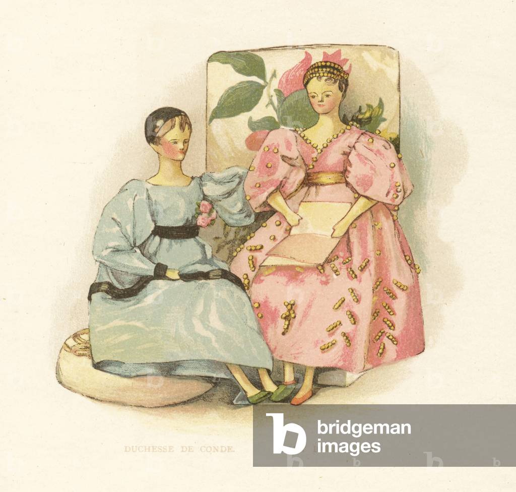 Doll representing courtiers Pomona, Duchesse de Conde in blue dress with dark blue velvet trim, and Lady Barrington doll in pink dress with gold embroidery.