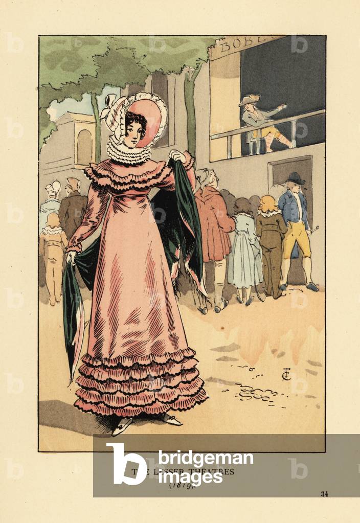 Fashionable woman at an outdoor dramatic show. The Lesser Theatres, 1819. Woman in bonnet, lace ruff collar, frilled dress and shawl. Crowd of children and adults watching a play. Handcoloured lithograph by R.V. after an illustration by Francois Courboin from Octave Uzanne’s Fashion in Paris, William Heinemann, London, 1898.