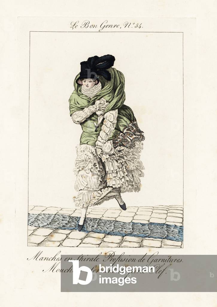 Woman with spiral sleeves, profuse ruffs and flounces, kerchief key-holder. When one talks of flounces, refer back to the reign of Louis XV, and look at the portrait of your grandmother. Have patience, miss. That which causes such disdain today will excite you in a little while, and it won't be one falbala but many that you want to wear.”” Illustration by Jean-Baptiste Isabey. Handcoloured engraving from Pierre de la Mesanger's Le Bon Genre, Paris, 1817.