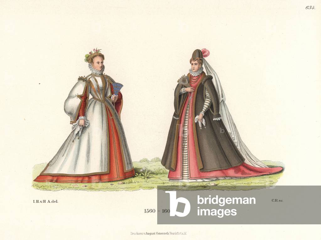 English noblewomen in summer clothes (left) and winter clothes (right), late 16th century. Chromolithograph from Hefner-Alteneck's Costumes, Artworks and Appliances from the Middle Ages to the 17th Century, Frankfurt, 1889. Illustration by Dr. Jakob Heinrich von Hefner-Alteneck, lithographed by C. Regnier. Dr. Hefner-Alteneck (1811-1903) was a German museum curator, archaeologist, art historian, illustrator and etcher.