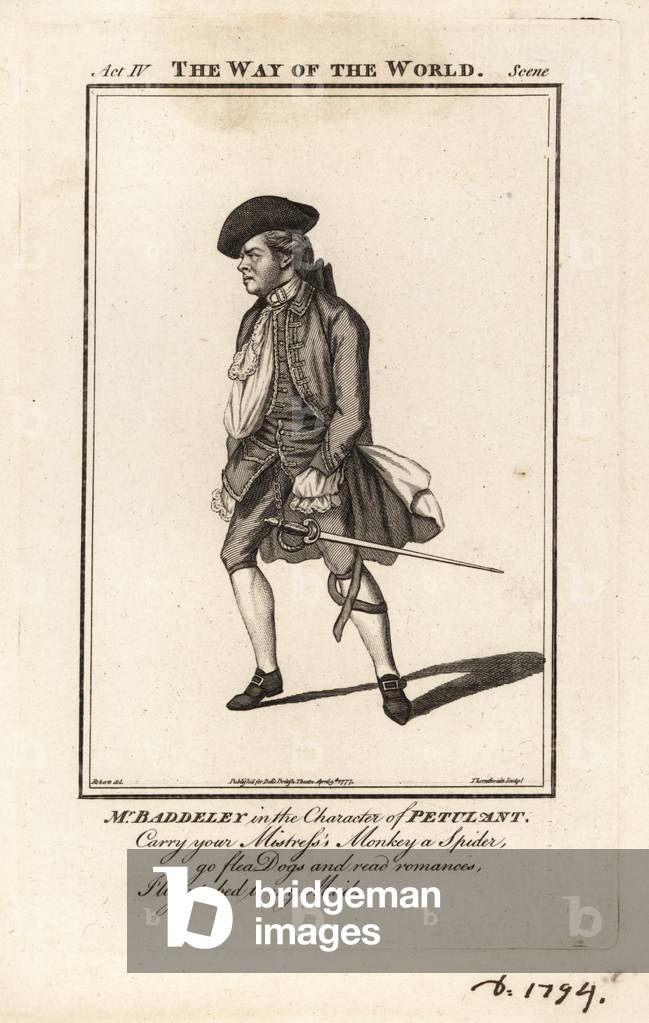 Mr Robert Baddeley in the character of Petulant in William Congreves The Way of the World, Drury Lane Theatre, 1764