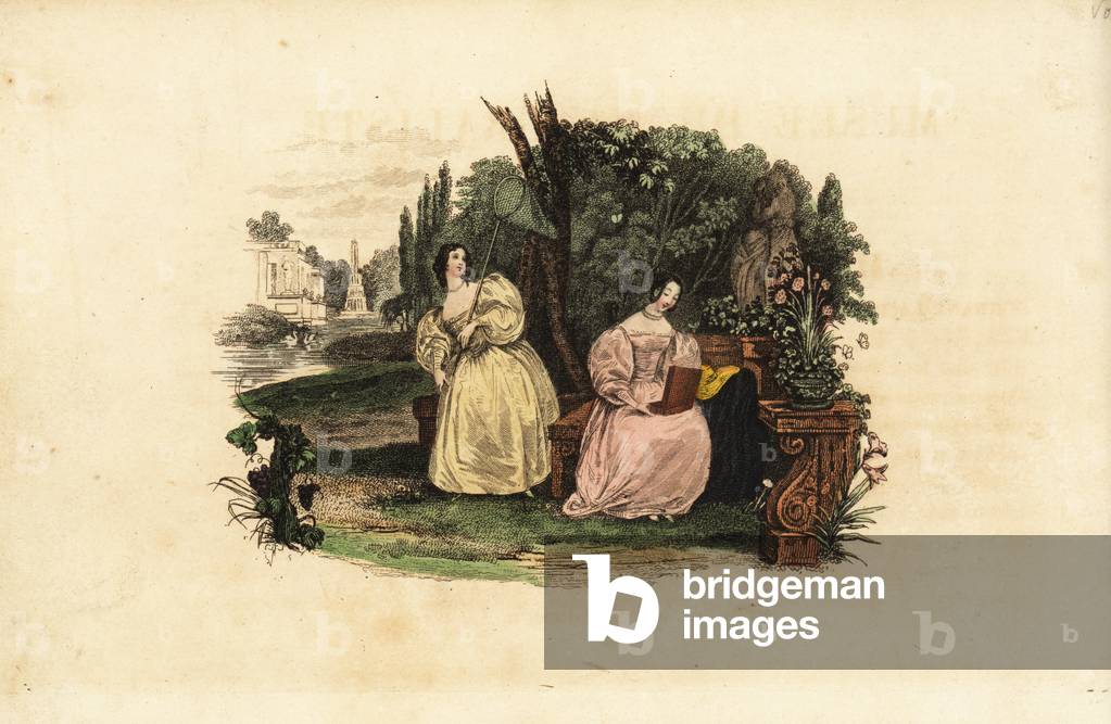 Women entomologists catching butterflies in a garden, mid 19th century