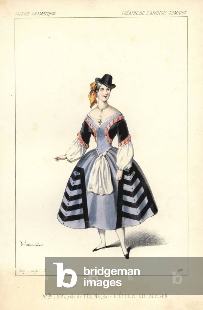 Miss Emma as Felina in L'Etoile du Berger by Anicet Bourgeois and Adolphe d'Ennery, Theatre de l'Ambigu Comique, 1846. Handcoloured lithograph after an illustration by Alexandre Lacauchie from Victor Dollet's Galerie Dramatique: Costumes des Theatres de Paris, Paris, 1846.