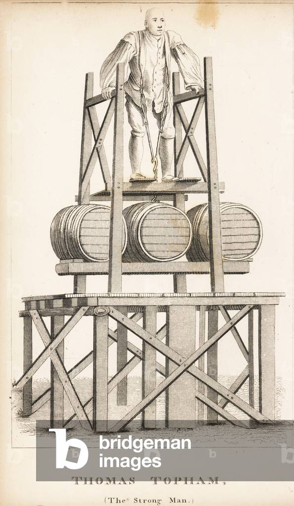 Thomas Topham, the Strong Man, performer of feats of strength. Desported lifting three hogsheads of water weighing 1,836 pounds at Cold Bath Fields, May 28, 1741. Copperplate engraving from John Caulfield's Portraits, Memoirs and Characters of Remarkable Persons, Young, London, 1819.