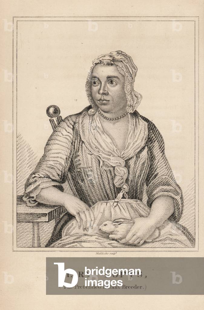 Mary Tofts, the rabbit woman of Goldalming, who pretended to give birth to rabbits, died 1763. Engraving by W. Maddocks from James Caulfield's Portraits, Memoirs and Characters of Remarkable Persons, London, 1819.