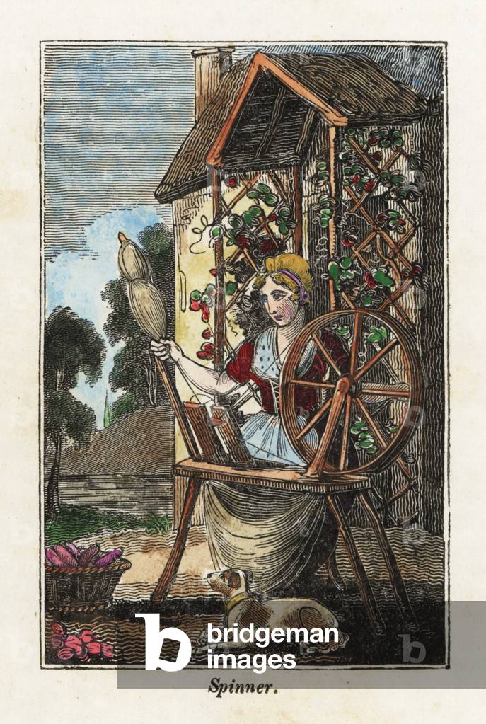 Woman spinning yarn on a spinning wheel in front of a cottage. Handcoloured woodcut engraving from The Book of English Trades and Library of the Useful Arts.