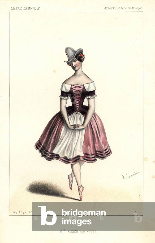 French ballet dancer Miss Sofia Fuoco in Betty, Royal Academy of Music, 1846. Handcoloured lithograph after an illustration by Alexandre Lacauchie from Victor Dollet's Galerie Dramatique: Costumes des Theatres de Paris, Paris, 1845.