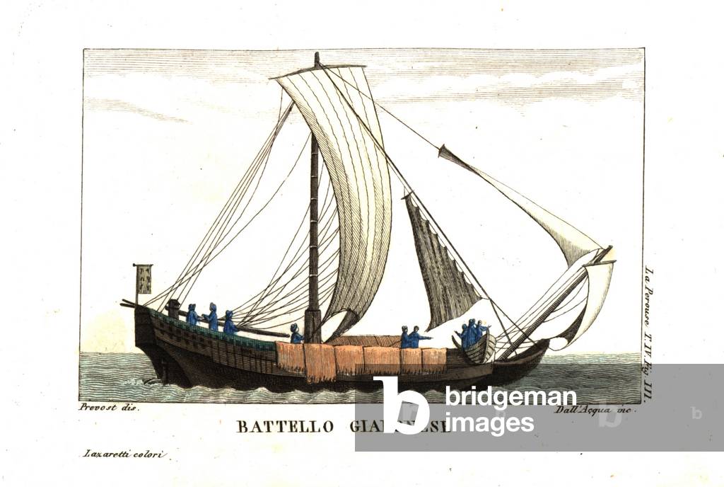 Japanese sailboat. Illustration by Jean Louis Prevost From Jean François de Galaup, Earl of La Perouse (1741-1788) Journal. Copperplate engraving by dell'Acqua handcoloured by Lazaretti from Giovanni Battista Sonzogno's Collection of the Most Interesting Voyages (Raccolta de Viaggi Piu Interessanti), Milan, 1815-1817