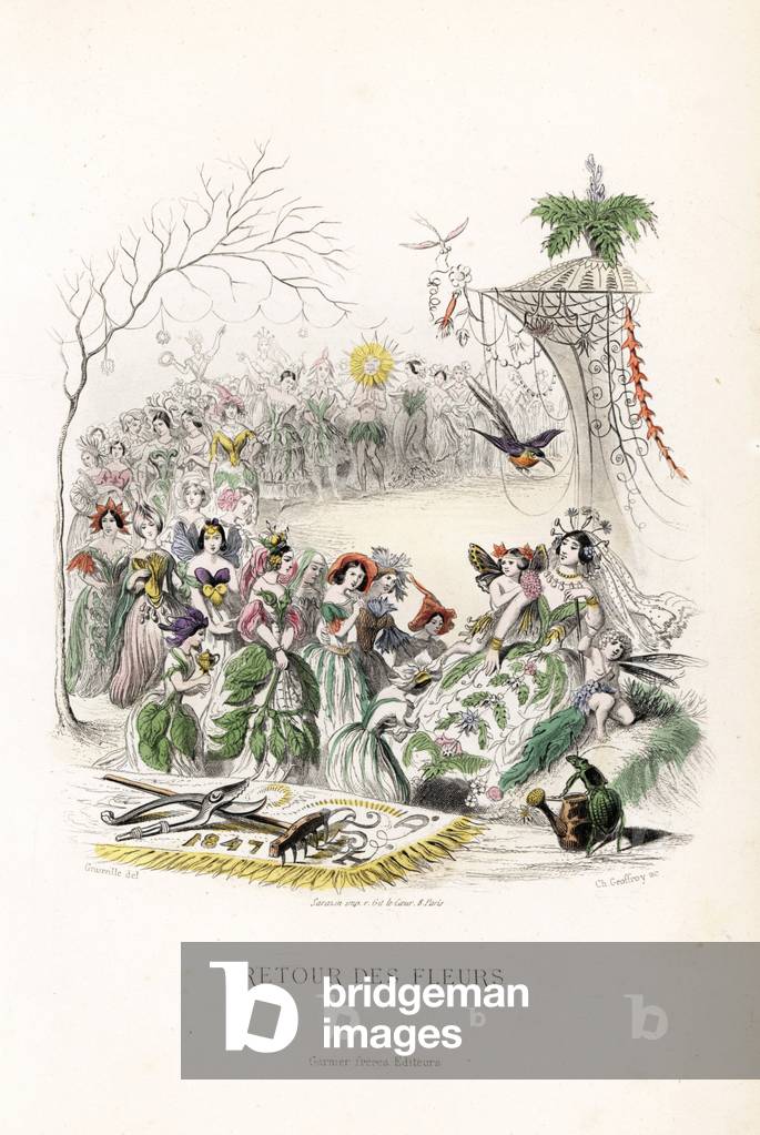 The return of the fees of the flowers, a procession of fees approached the royal fee, assisted by putti with the wings of dragonfly and butterfly, in the foreground, a coleoptere holds a watering can and on a carpet are placed a secator and a rake - Eau forte by Charles Geoffroy (1819-1882), following an illustration by Jean Ignace Isidore Gerard dit J.J.J.J.Granville (1803- 1847), for Les fleurs animees, 1847 - The return of the flower fairies - Handcoloured steel engraving by C. Geoffrois after an illustration by Jean Ignace Isidore Grandville from “” Les Fleurs Animees”””, 1847