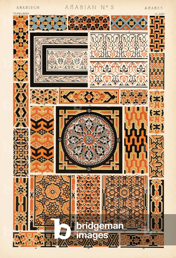 Mosaics from walls and pavements of houses in Cairo. Arabian design. In black and white marble with red tile. Chromolithograph by Francis Bedford from Owen Jones' The Grammar of Ornament, Quaritch, London, 1868.