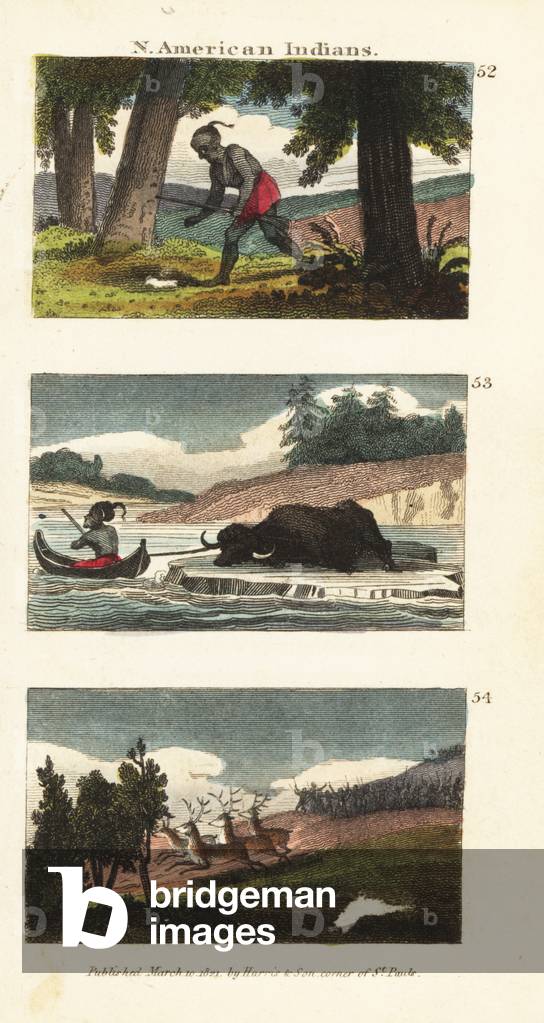 Native American customs: tracking prey 52, hunting buffalo on ice in a river 53, and hunting deer by herding them into a pound 54