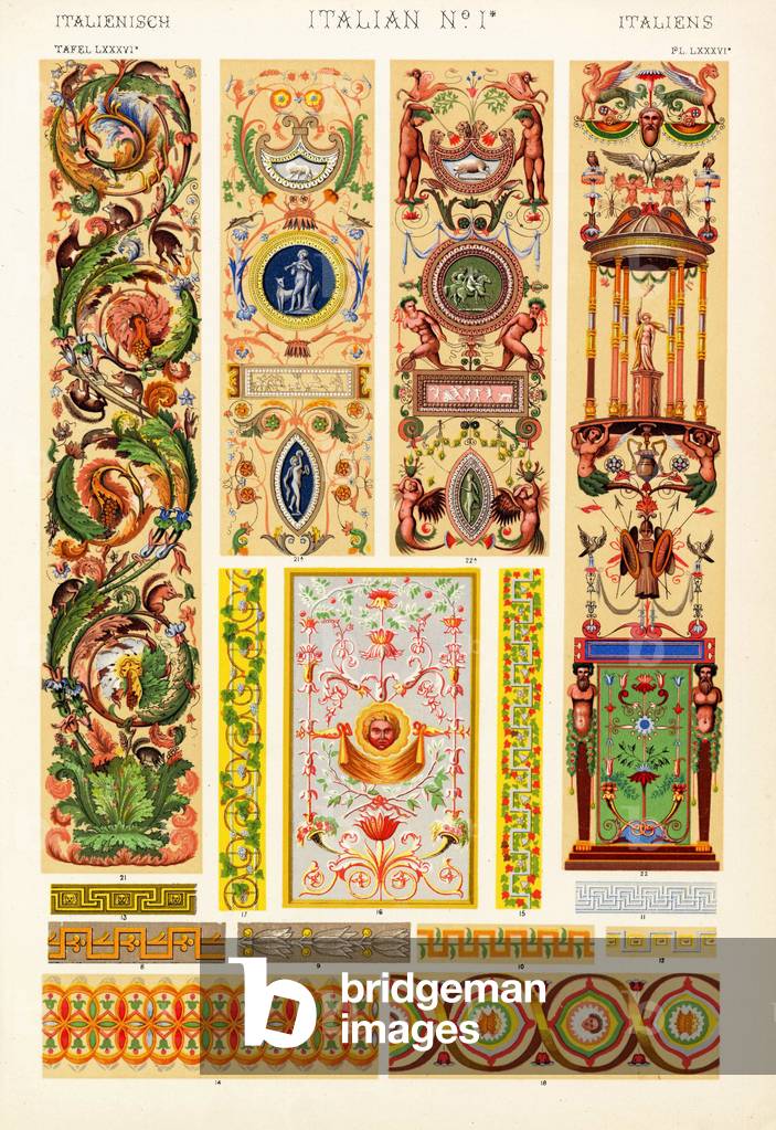 Arabesques in fresco painted by Giovanni da Udine, Perino del Vaga, Giulio Romano, Polidoro da Carravaggio, Francesco Penni, Vincenzio da San Gimignano, Pellegrino da Modena, Bartolomeo da Bagnacavallo from designs by Raphael in the Loggie or central open arcade of the Vatican. Chromolithograph by Francis Bedford from Owen Jones' The Grammar of Ornament, Quaritch, London, 1868.