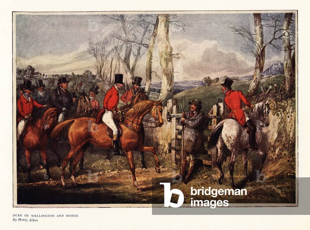 The Duke of Wellington and Hodge. Arthur Wellesley, the victor of Waterloo, talking to groundkeeper Hodge during a fox hunt. Color print after a drawing by Henry Alken in Ralph Nevill’s Old Sporting Prints, The Connoisseur Magazine, London, 1908.