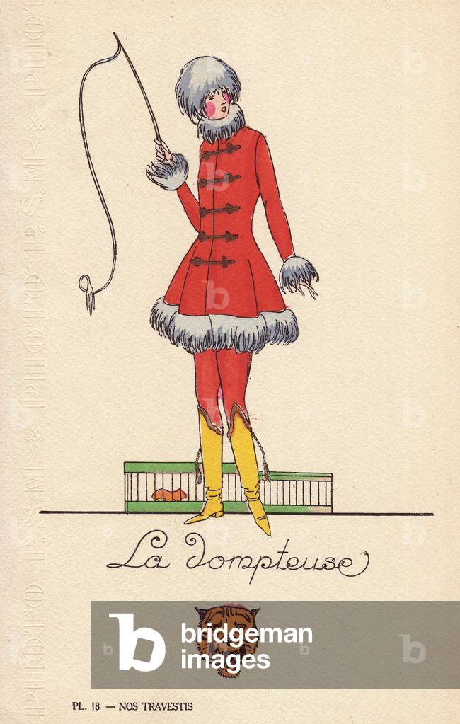 Woman in lion tamer costume, the tamer, in fur hat, fur-trimmed jacket with frogging, yellow boots, and whip. Lithograph by unknown artist with stencil handcolouring from “” Nos Travestis”” (Our Fancy Dress Costumes), Paris, 1928.