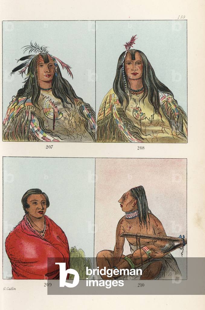 Nose Perce warriors in Sioux dress: Hee-oh'ks-te-kin, Rabbit Skin Leggings 207, and H'co-a-h'co-a-h'cotes-min, No Horns on his Head 208. Chinook boy 209 and Chinook woman and child in cradleboard to flatten its head 210. Handcoloured lithograph from George Catlin's Manners, Customs and Condition of the North American Indians, London, 1841.