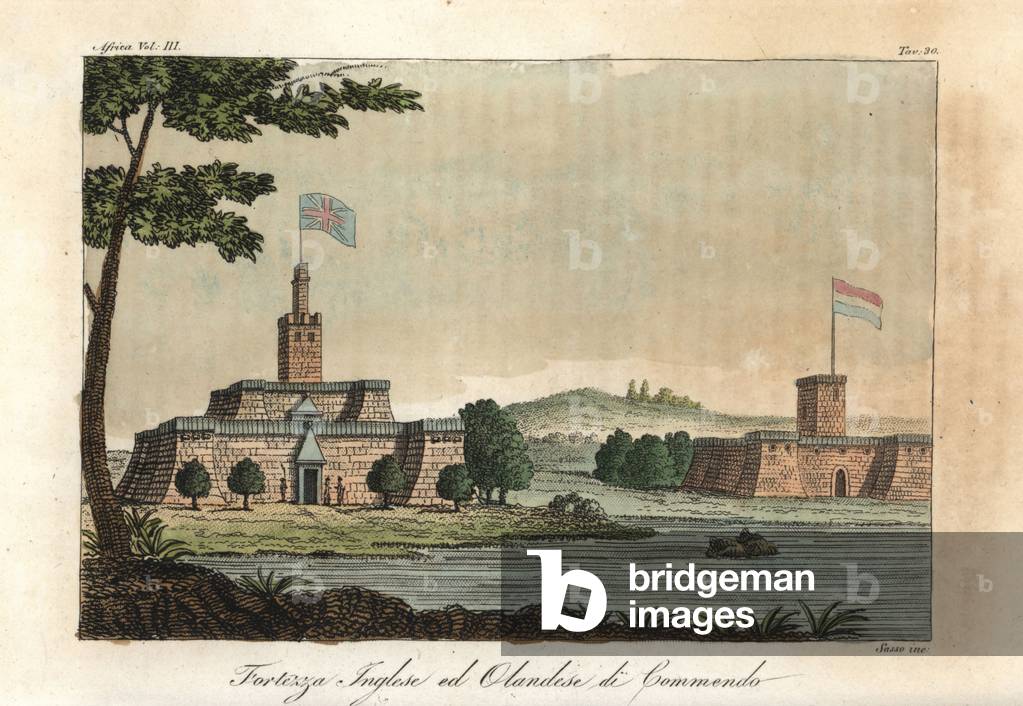 English and Dutch fortresses at Commendo (Komenda, Ghana). Handcoloured copperplate engraving by Antonio Sasso from Giulio Ferrario's Ancient and Modern Costumes of all the Peoples of the World, 1843.