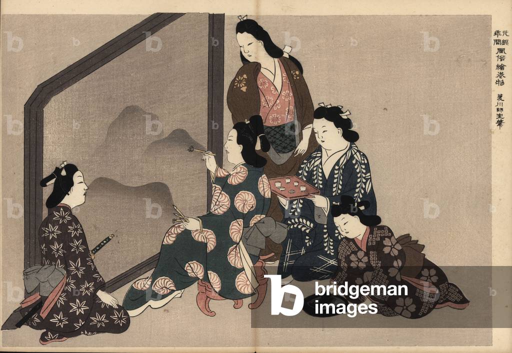Courtesans painting a large sumi-e (ink-wash painting). A samurai customer watches, and a kamuro maid prepares the ink. Woodblock print by Moronobu Hishikawa (1618-1694) from Fuzoku Emakimono, Picture Scroll of the Water Trade, Tokyo, reprint circa 1880.