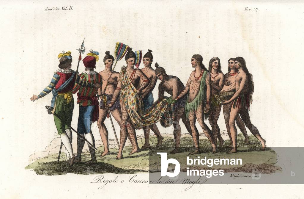 Native American (Timucuan) tattooed chief in painted deerskin robe accompanied by his wives in necklaces and sashes, and two servant boys with fans. Handcoloured copperplate engraving by Migliavacca from Giulio Ferrario's Ancient and Modern Costumes of all the Peoples of the World, 1841.