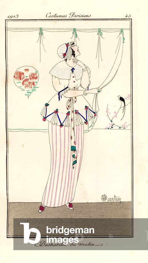Woman in morning outfit of skirt, blouse and bonnet, 1912 (stencil)