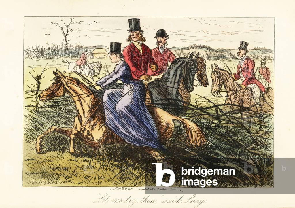 Lady riding side-saddle on a horse stuck in a fence during a fox hunt, 19th century