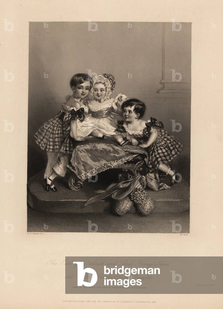 Earl of Dalkeith (William Henry), Henry John and Walter Charles Scott Douglas, son of the 5th Duke of Buccleuch, 7th Duke of Queensberry. Two sons wear tartan dresses with ribbons, with the youngest in a bonnet and satin dress. Steel engraving by H. Cook after an illustration by Alfred Edward Chalon from Charles Heath’s Portraits of the Children of the Nobility, Longmont, London, 1838.
