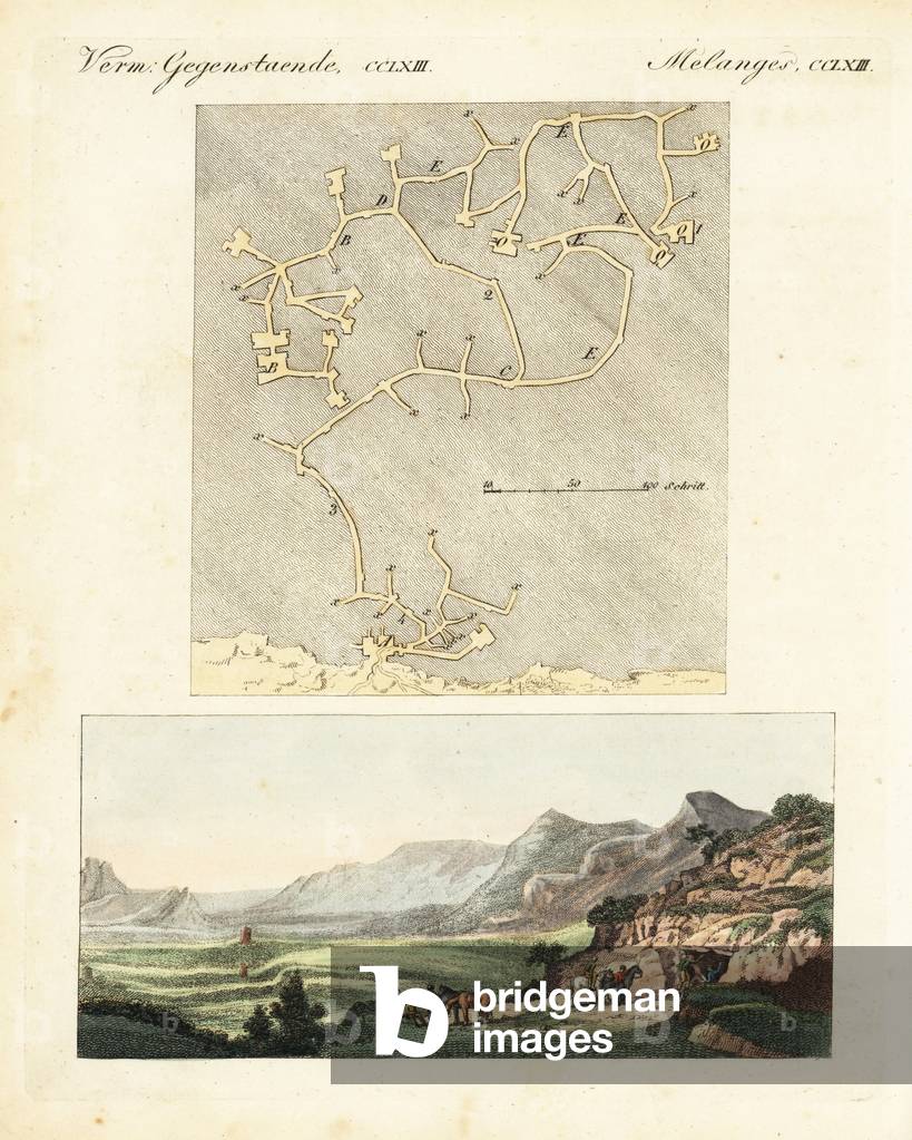 Plan of the underground caves near Agioi-Deka, Gortyn, Crete, and entrance to the caves. Believed to be the site of the mythical Labyrinth by Charles Robert Cockerell. Handcoloured copperplate engraving from Friedrich Johann Bertuch's Bilderbuch fur Kinder (Picture Book for Children), Weimar, 1823.