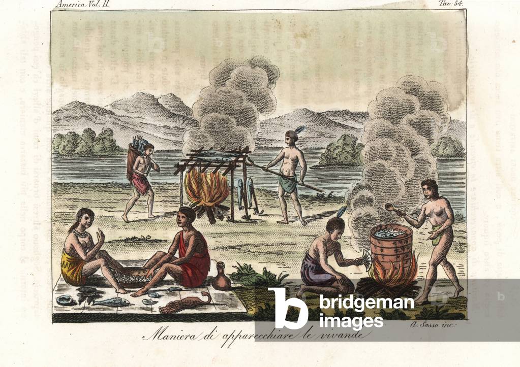 Native Americans grilling and roasting fish, boiling meat with hominy, and a couple seated on a mat eating from a plate between their legs. From illustrations by John White. Handcoloured copperplate engraving by Sasso from Giulio Ferrario's Ancient and Modern Costumes of all the Peoples of the World, 1841.
