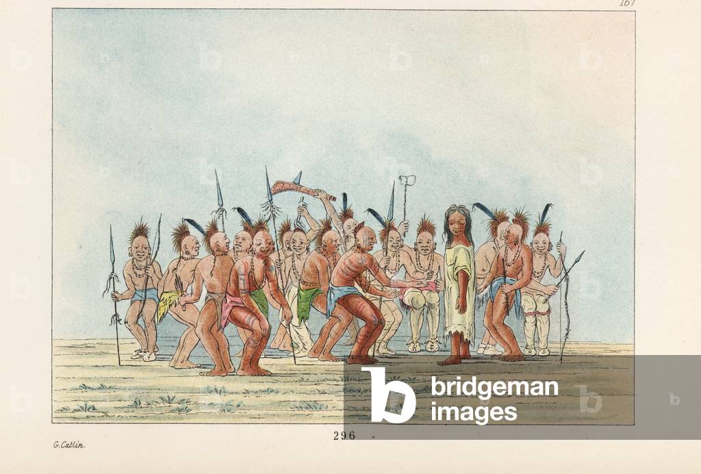 Meskwaki braves performing the Dance to the i-coo-a (Berdashe or mixed gender), a medicine man in women's clothes. Handcoloured lithograph from George Catlin's Manners, Customs and Condition of the North American Indians, London, 1841.