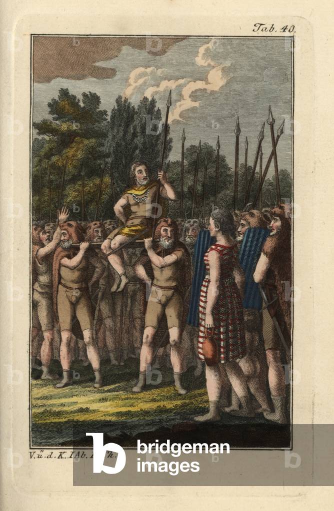 Ceremonial election of a duke among the Franks. Handcolored copperplate engraving from Robert von Spalart's “” Historical Picture of the Costumes of the Principal People of Antiquity and of the Middle Ages”” (1797).