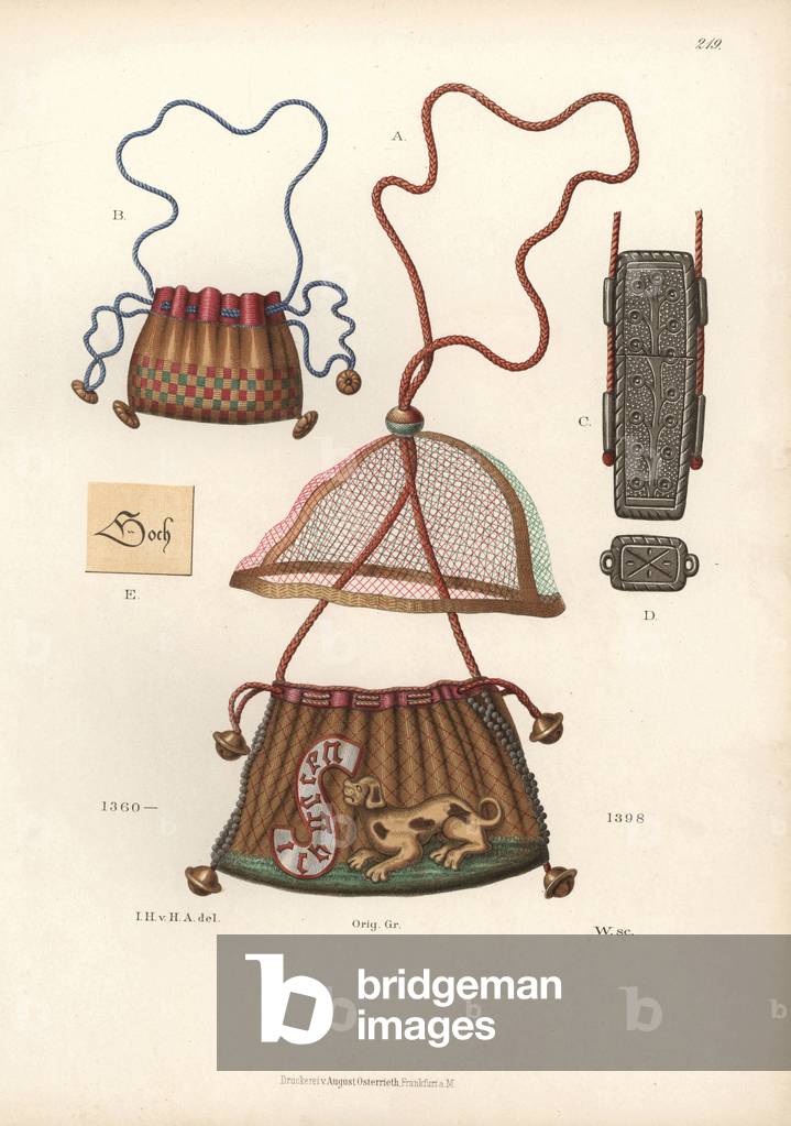 Bourses and purse, 15th century, decorative clasp - Chromolithography, drawing by Jakob Heinrich von Hefner-Alteneck (1811-1903), for his book “Costumes, crafts and instruments from the Middle Ages at the end of the 18th century”, published by Heinrich Keller, Frankfurt, 1883