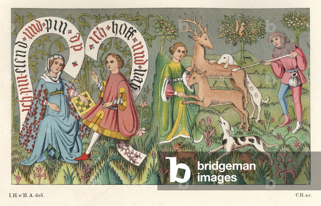 Tapestry around 1380-1430, with a hunter man and a woman and a couple playing with a chess - Chromolithography, drawing by Jakob Heinrich von Hefner-Alteneck (1811-1903), for his book “Costumes, crafts and instruments from the Middle Ages at the end of the 18th century”, published by Heinrich Keller, Frankfurt, 1883
