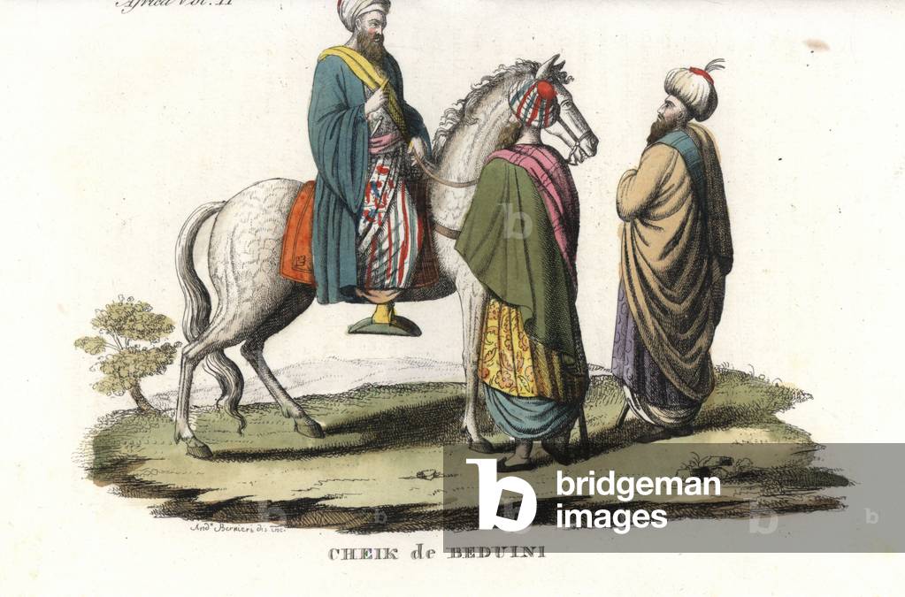 Bedouin arab sheiks of Egypt, 1820s, one on horseback. Handcoloured copperplate engraving by Andrea Bernieri from Giulio Ferrario's Costumes Antique and Modern of All Peoples (Il Costume Antico e Moderno di Tutti i i Popoli), 1843.
