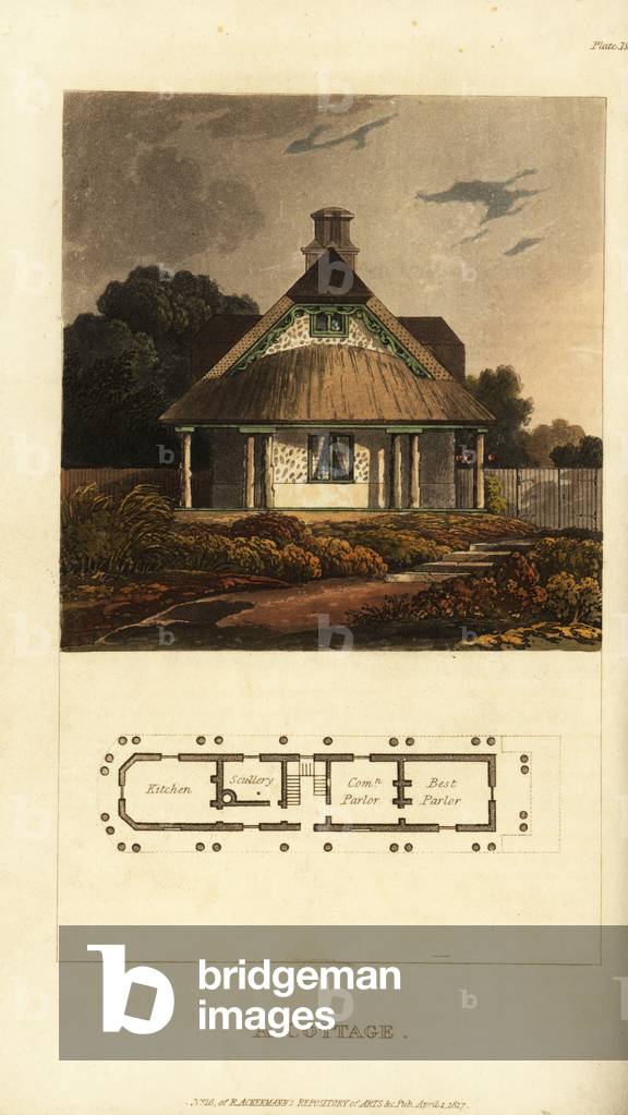 Plan and elevation of a Regency cottage, 1817 (engraving)