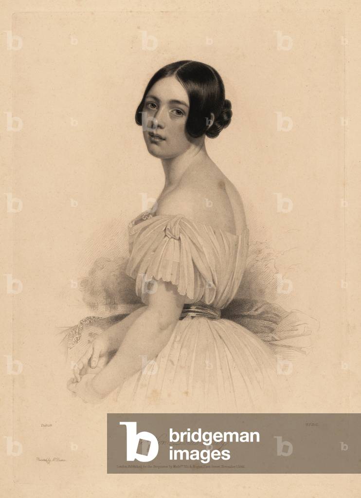 Portrait of the Honorable Louisa Hay, daughter of 8th Marquess of Tweeddale, later Lady Louisa Jane Wardlaw-Ramsay. In off-the-shoulder dress with ribbon belt. Steel stipple engraving by W.F. Holl after an illustration by Claude-Marie Dubufe from Charles Heath’s English Pearls, or Portraits for the Boudoir, Tilt and Bogue, London, 1843.