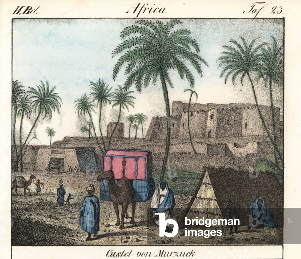 Murzuk Castle, oasis of the Fezzan region (Libya). Lithography for the book: “” Galerie complete en tableaux fideles des peuples d'Afrique” by Friedrich Wilhelm Goedsche (1785-1863), edition Meissen (Germany), 1835-1840. The castle of Murzuk, oasis town in the Fezzan region of the Sahara desert. Handcoloured lithograph from Friedrich Wilhelm Goedsche's “” Vollstaendige Voelkergallerie in getreuen Abbildungen”” (Complete Gallery of Peoples in True Pictures), Meissen, circa 1835-1840.
