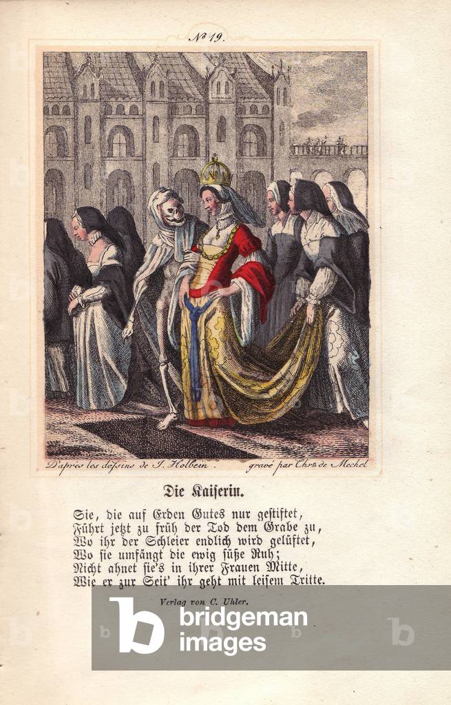 The imperress. Sumptuously clothed and accompanied by her bridesmaids, the Impress is intercepted in her march by Death incarnated in the character of an old ratatinee, who shows an open tomb, and seems to say, “For this you will end up going there”. Hand-coloured engraving by Christian Von Mechel (or Chretien de Mechel, 1737-1817) in “The Triumph of Death”” based on original drawings by Hans Holbein the Young (1497-1543), 1860.