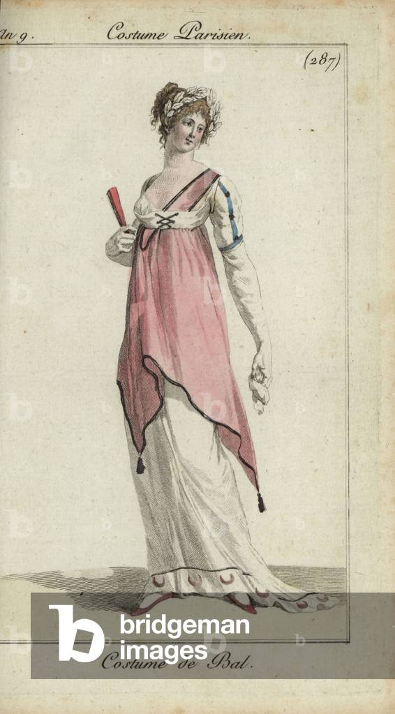 Fashionable woman in luxury ball gown, 1801 (handcoloured copperplate engraving)