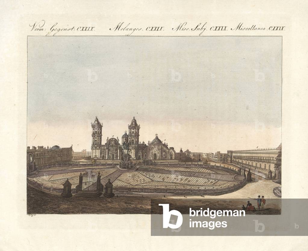 Main plaza or Zocalo in Mexico City, circa 1800 (Zocalo or Constitution Square, in Mexico around 1800, with the equestrian statue of King Charles VI of Spain, the porphyry square and the vice king's palace, the cathedral and the construction site without the Moorish style). With equestrian statue of King Charles VI of Spain, gated square paved with porphyry stones, vice-roy's palace 1, cathedral 2 and part under construction in the Moorish style 3. Handcoloured copperplate engraving from Bertuch's “” Bilderbuch fur Kinder”” (Picture Book for Children), Weimar, 1807. Friedrich Johann Bertuch (1747-1822) was a German publisher and man of arts most famous for his 12-volume encyclopedia for children illustrated with 1,200 engraved plates on natural history, science, costume, mythology, etc., published from 1790-1830.