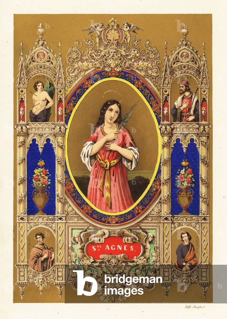 Portrait of Saint Agnes of Rome, virgin martyr, with halo and palm frond within decorative border