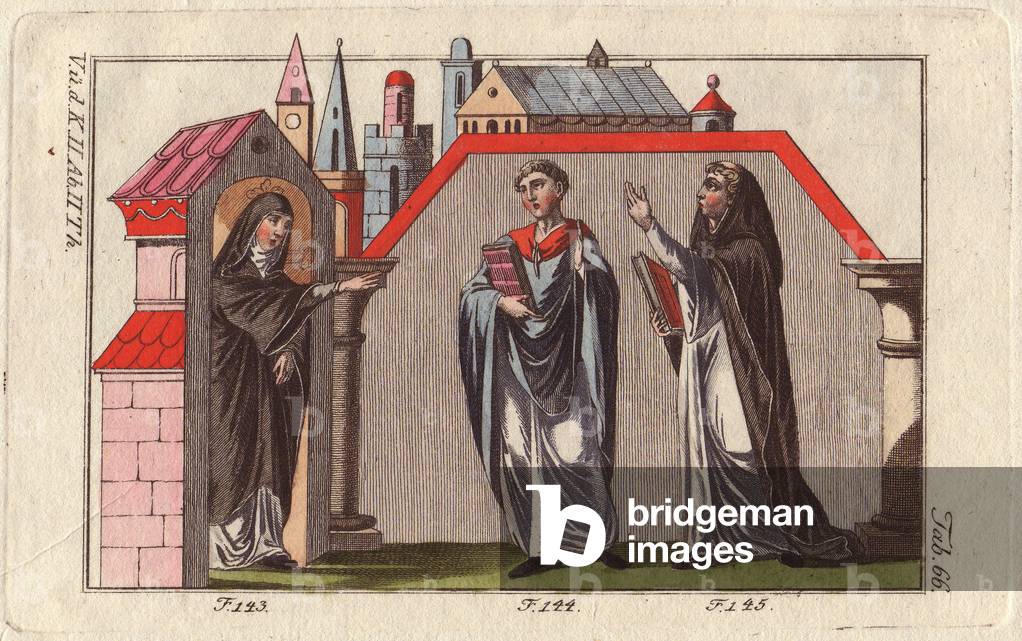 Clerge costumes: an abbess at the end of the 12th century (143), his suit is very simple: long tunic with long sleeves, probably linen, worn on a black dress the same length as the tunic. The hood completely covers the back of his head. A priest (144) in choir dress. A monk (145) holding a book and pointing to the sky, wearing the monastic costume in use in the 12th century. Hand-coloured copper engraving, in “Images historiques des costumes des principaux peuples de l'Antiquite et du Middle Ages” by Robert Von Spalart, published in 1796.