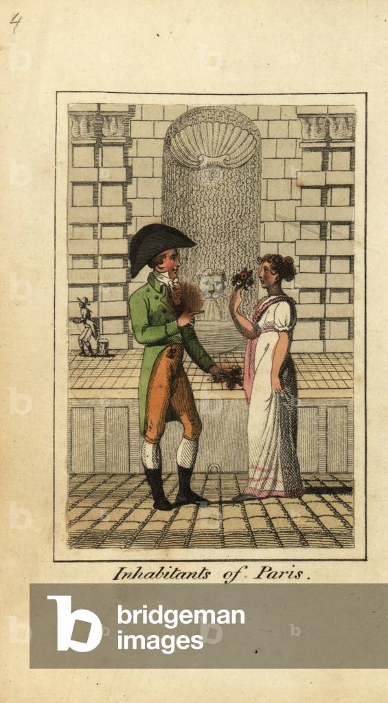 Man and woman of Paris standing in front of a fountain