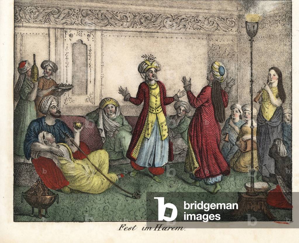 Entertainment in an Egyptian harem: dancers and musicians, flutists and drummer, a man in a turban smokes the pipe, a woman gives him a cup, behind servants bring wine and food. Lithography for the book: “” Galerie complete en tableaux fideles des peuples d'Afrique” by Friedrich Wilhelm Goedsche (1785-1863), edition Meissen (Germany), 1835-1840. Entertainment in an Egyptian harem: women dancing, playing music on pipes and drums, while a man in a turban smokes a long tobacco pipe and is offered a drink by a woman. Servants bring wine and food. Handcoloured lithograph from Friedrich Wilhelm Goedsche's “” Vollstaendige Voelkergallerie in getreuen Abbildungen”” (Complete Gallery of Peoples in True Pictures), Meissen, circa 1835-1840.