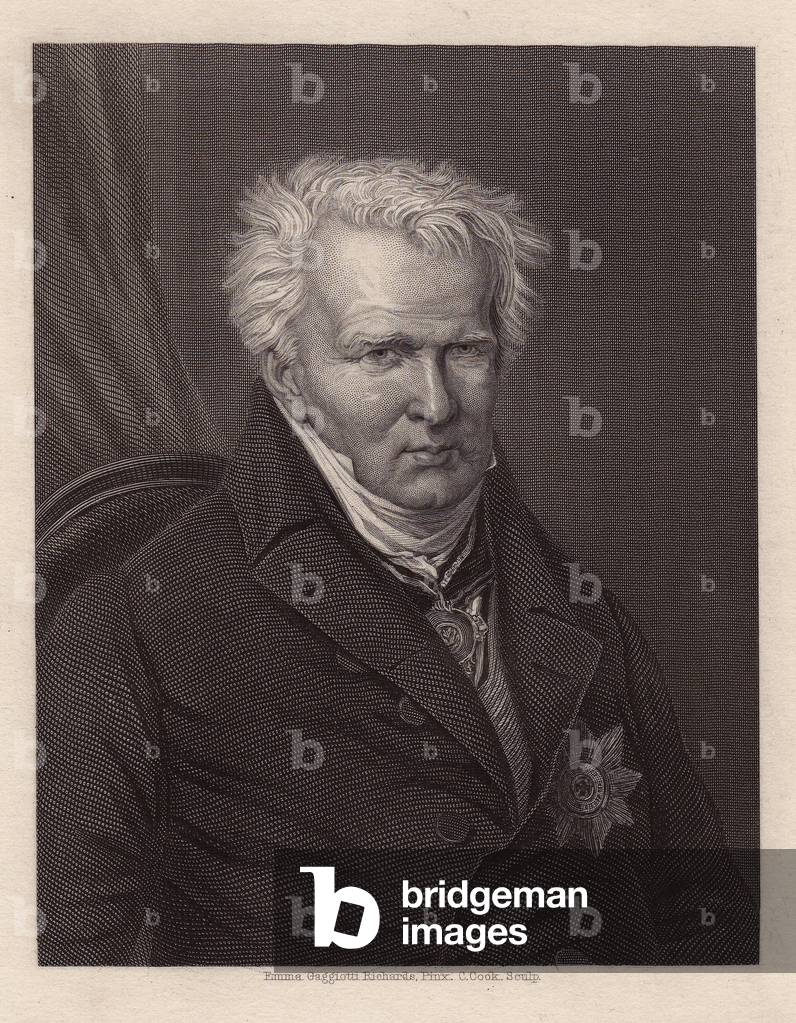 Portrait of Alexander Von Humboldt (Alexander of Humboldt, 1769-1859), German naturalist and explorer. Engraving by C.Cook, after a painting by Emma Gagiotti Richards, in Galerie de portraits par Charles Knight, 1835.