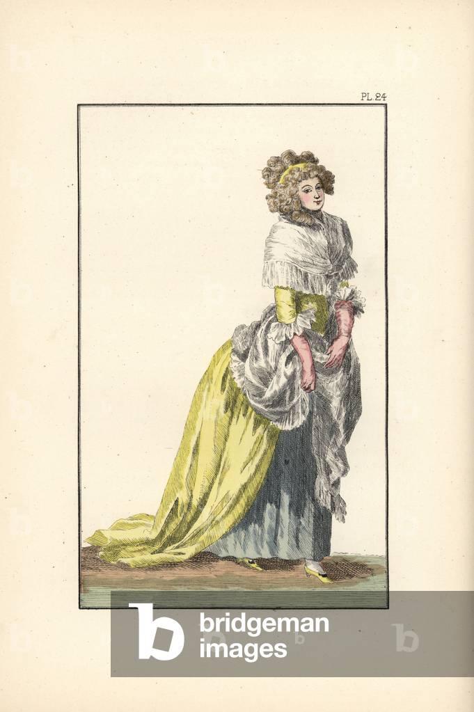 Woman wearing a dress of English silk with hair in the councillor style.
